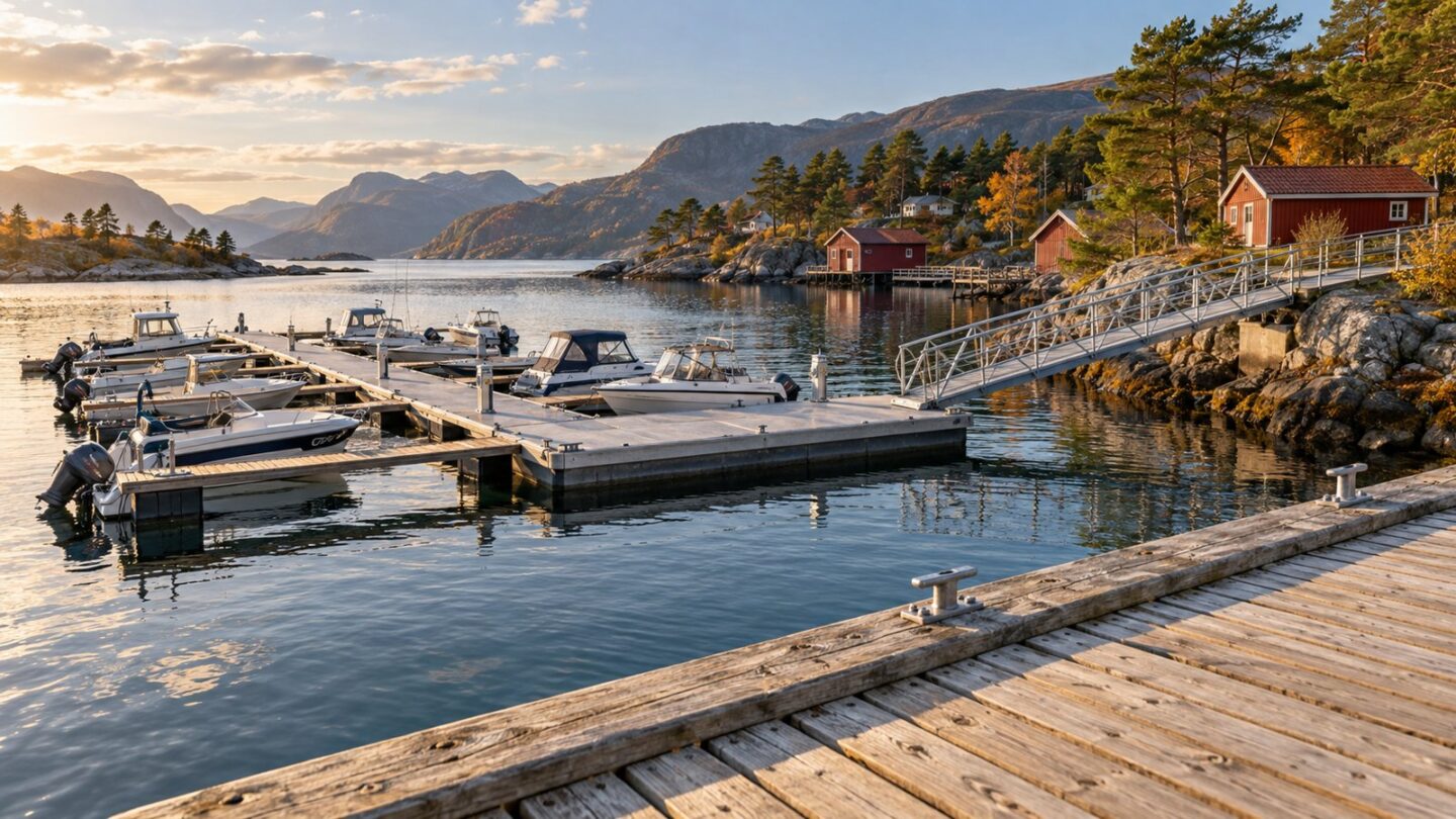 Moderne flytebrygge med gangbare utriggere og landgang i et tenkt norsk fjordlandskap