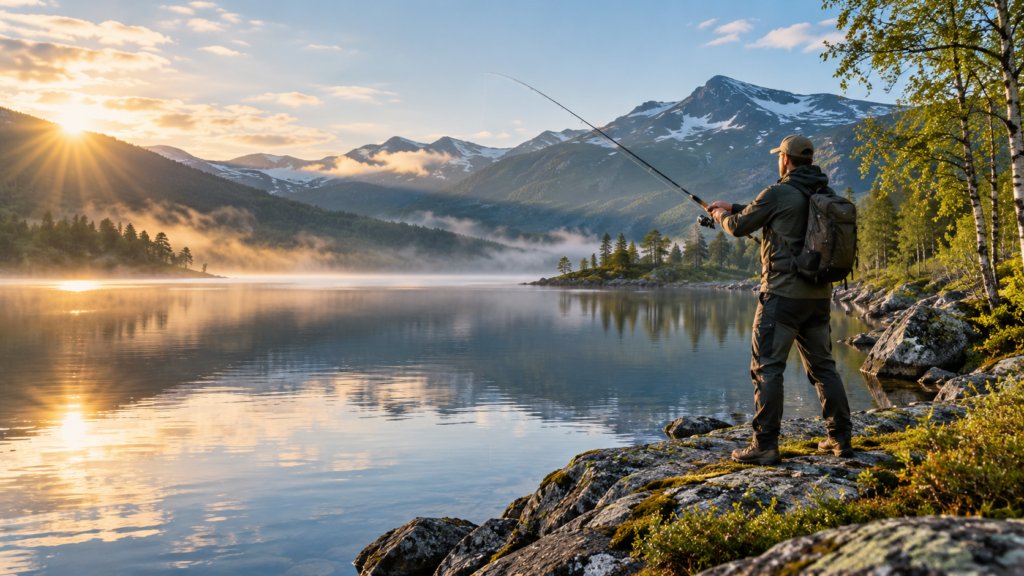 Tidligere illustrasjon av sportsfisker med stang ved et fjellvann