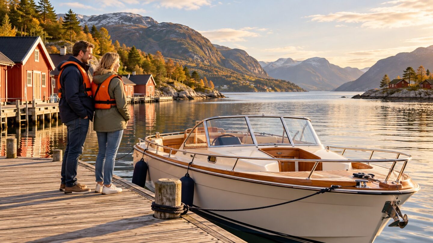 To voksne med flytevester på brygge ved en fritidsbåt i varmt høstlys