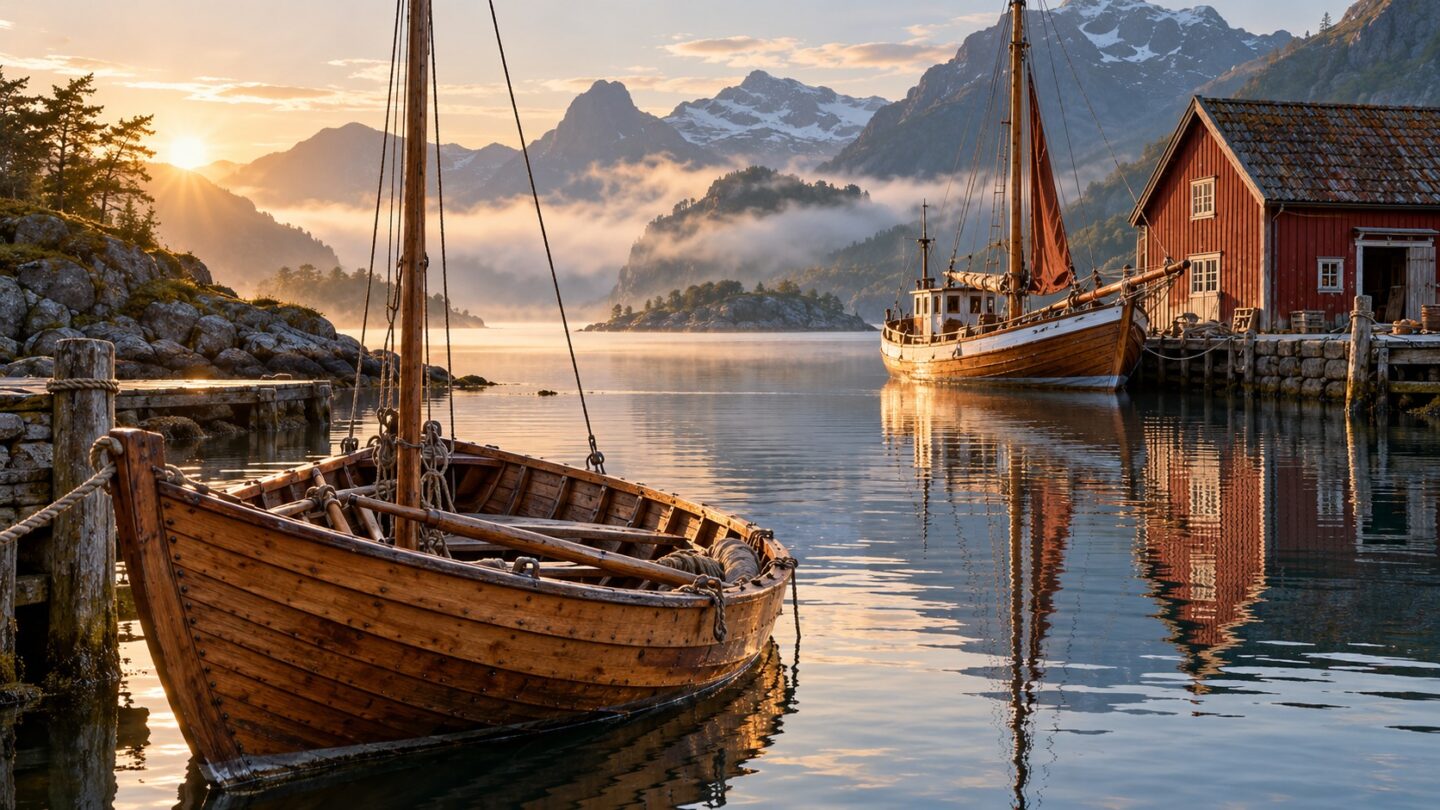 Trebåter ved et naust i et norsk fjordlandskap – tidligere KI-illustrasjon