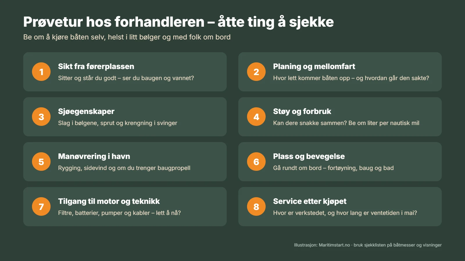 Illustrasjon med åtte ting å sjekke på prøvetur: sikt, planing, sjøegenskaper, støy og forbruk, manøvrering, plass, tilgang til motor og service