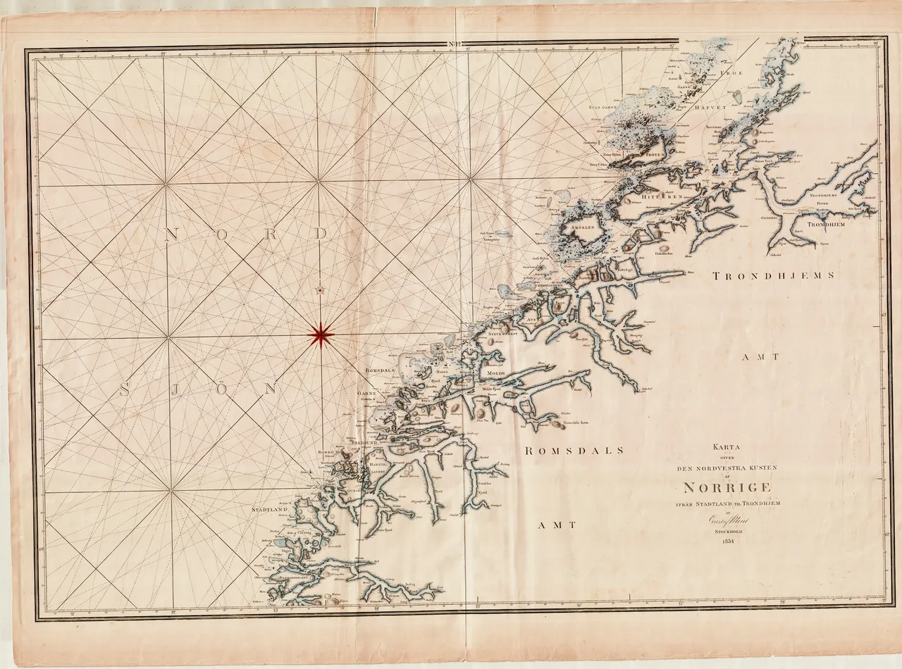 Håndtegnet sjøkart fra 1834 over kysten fra Stadlandet til Trondheim